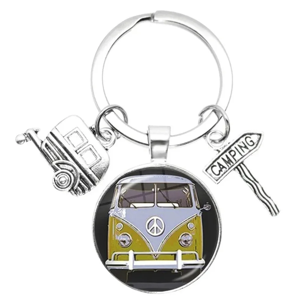 Keychain Retro Van Yellow Volkswagen Bus Peace Sign - Picture 1 of 9
